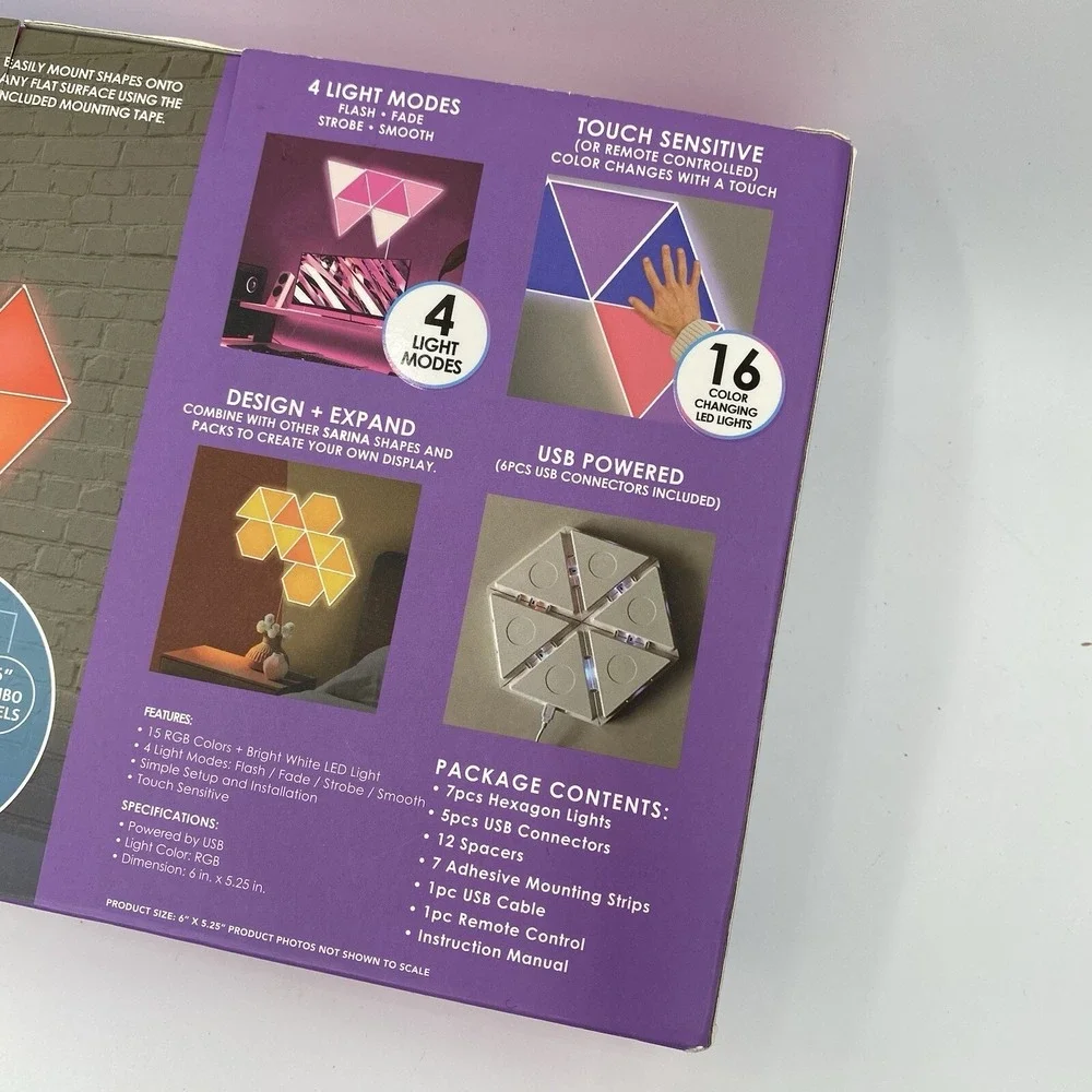 Sarina LED Hexagon Touch Lights 7 Pack SOUND ACTIVATED MULTICOLOR NEW & Sealed